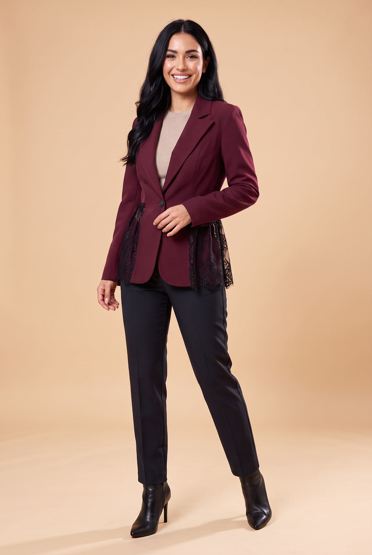 CELESTINA Lace Trim Fitted Blazer in burgundy, front
