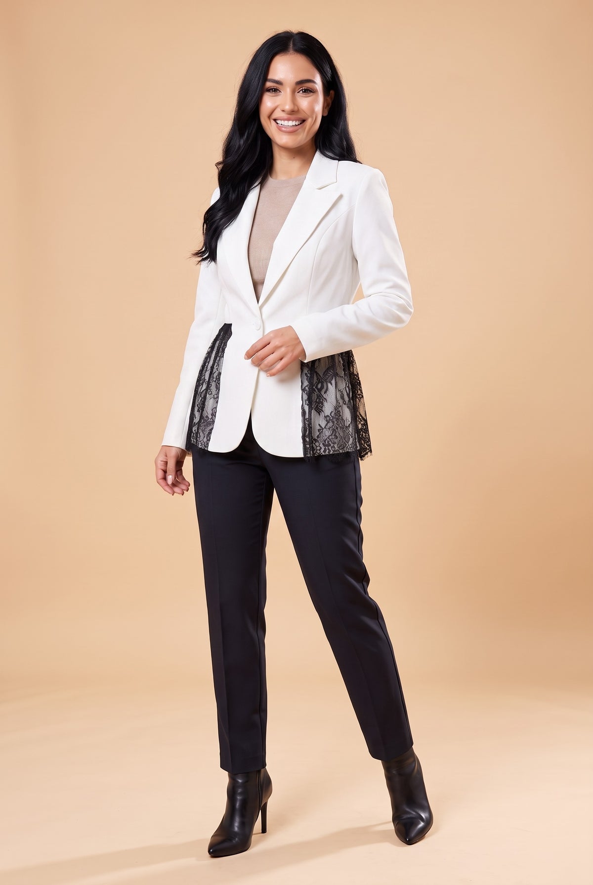 CELESTINA Lace Trim Fitted Blazer in white, front