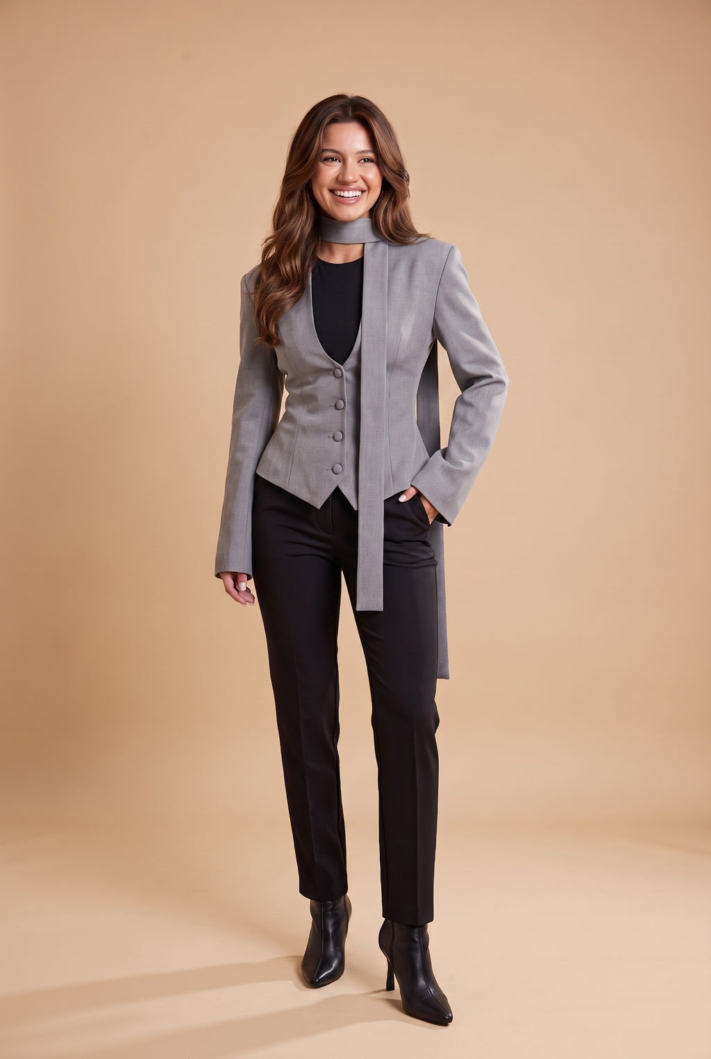CHARLOTTE Elegant Fitted Blazer with Scarf in grey, front