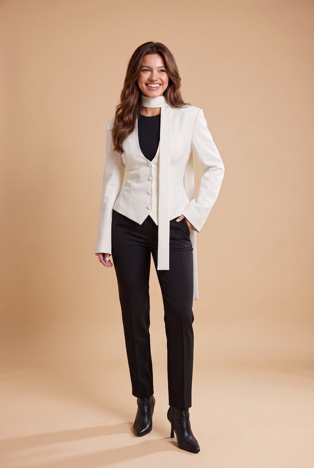CHARLOTTE Elegant Fitted Blazer with Scarf in white, front