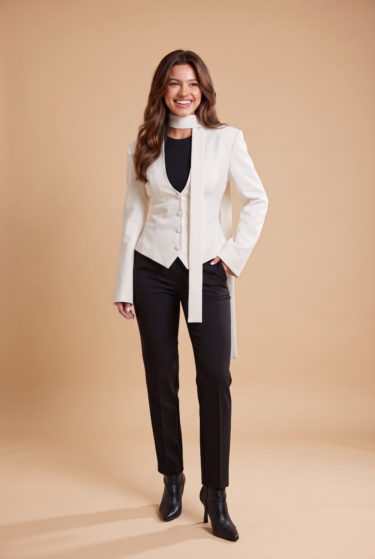 CHARLOTTE Elegant Fitted Blazer with Scarf in white, front