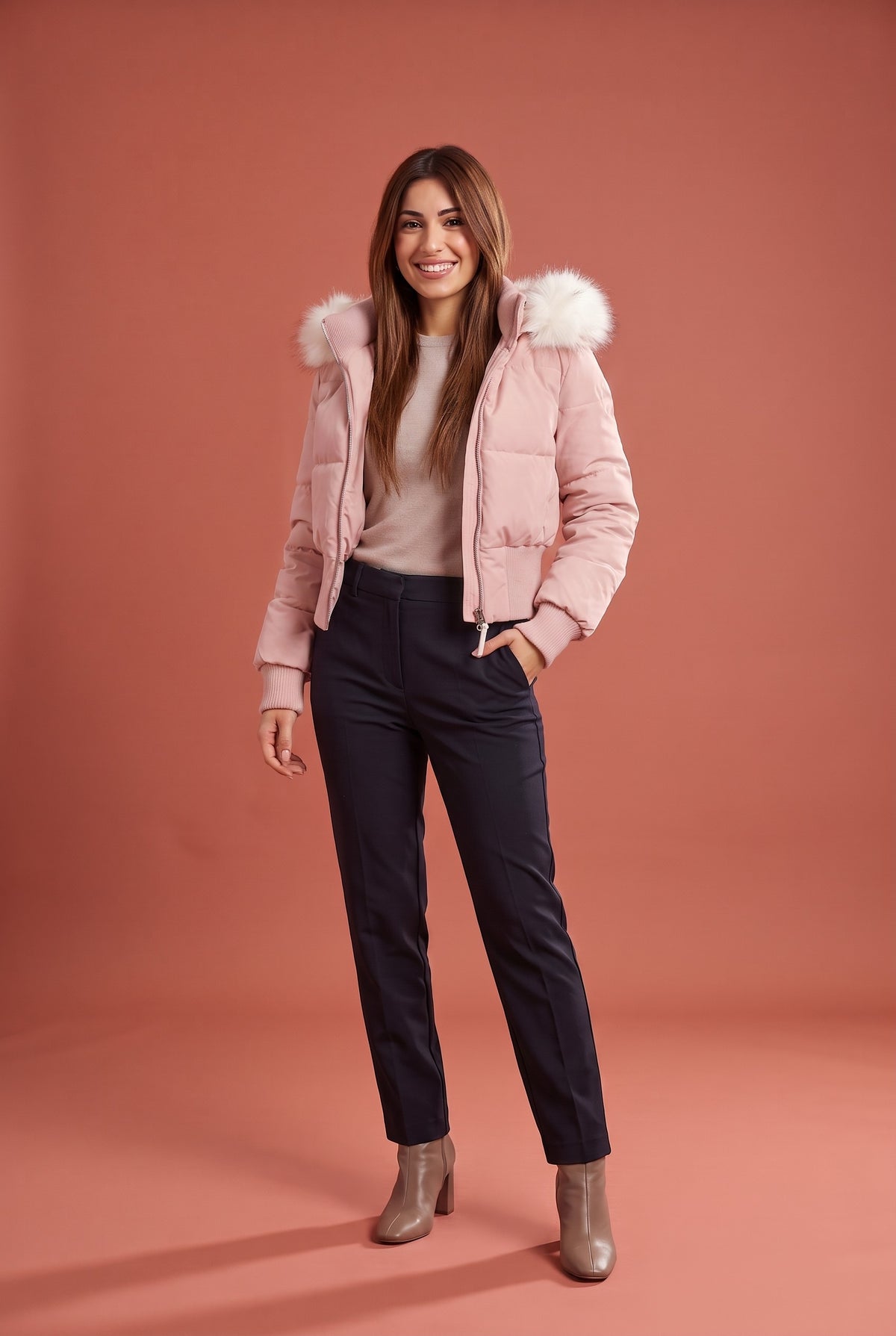 CHIONE Faux Fur Hooded Cropped Puffer Jacket in pink, front
