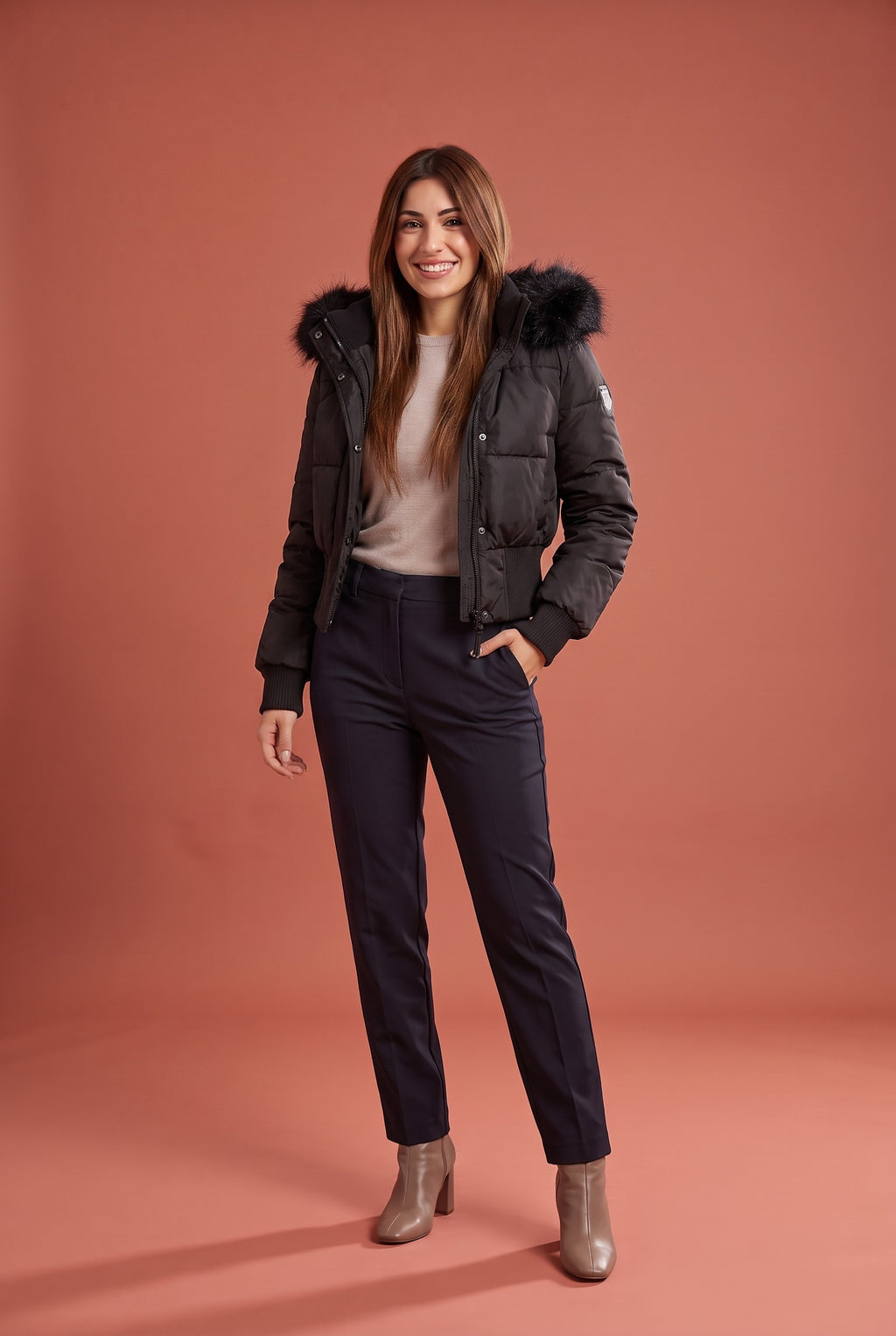 CHIONE Faux Fur Hooded Cropped Puffer Jacket in black, front