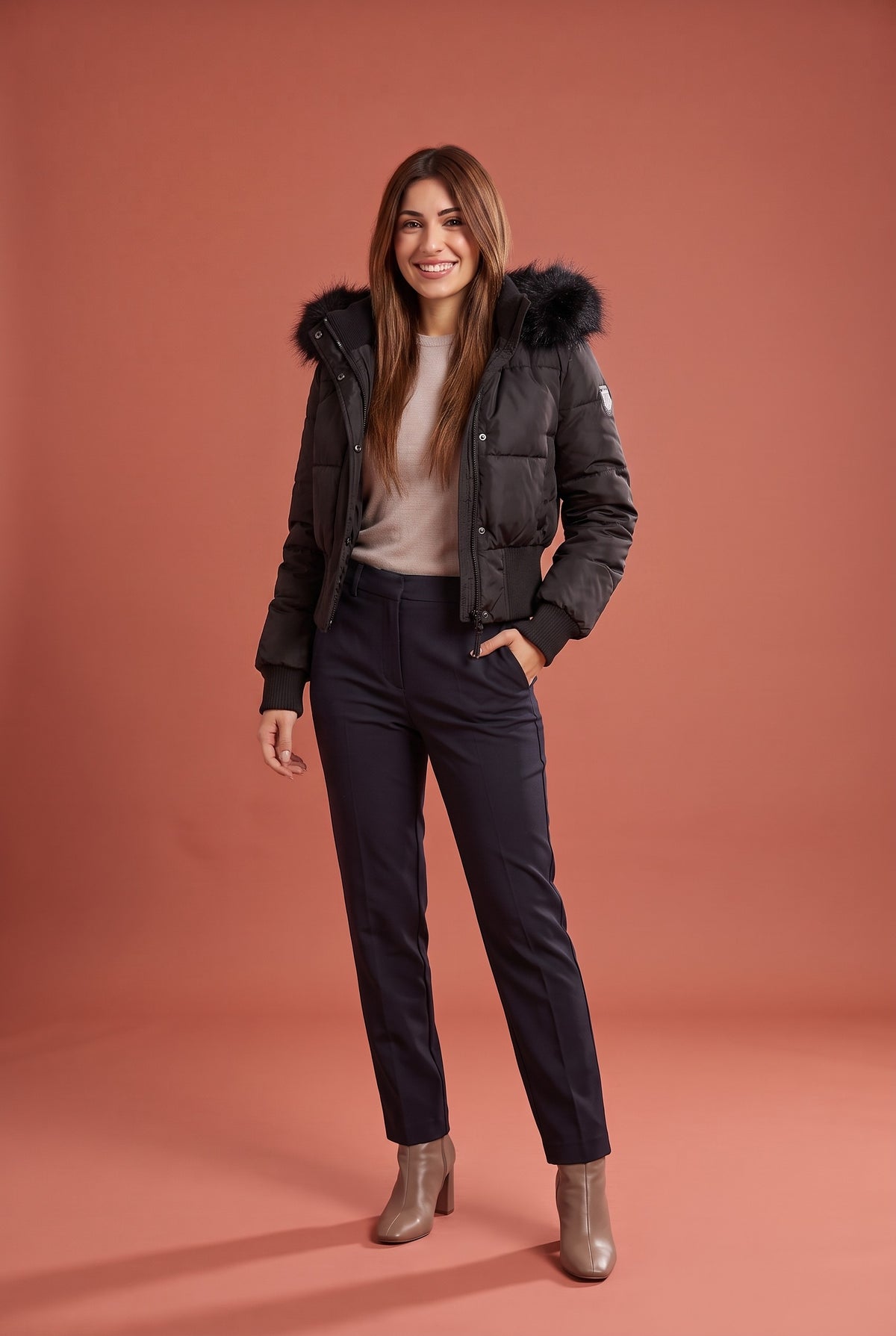 CHIONE Faux Fur Hooded Cropped Puffer Jacket in black, front