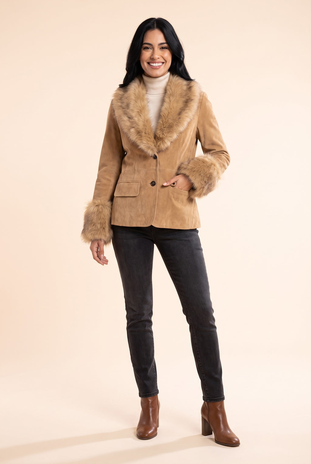 CLEMMIE Faux Fur Trim Suedette Jacket in khaki, front