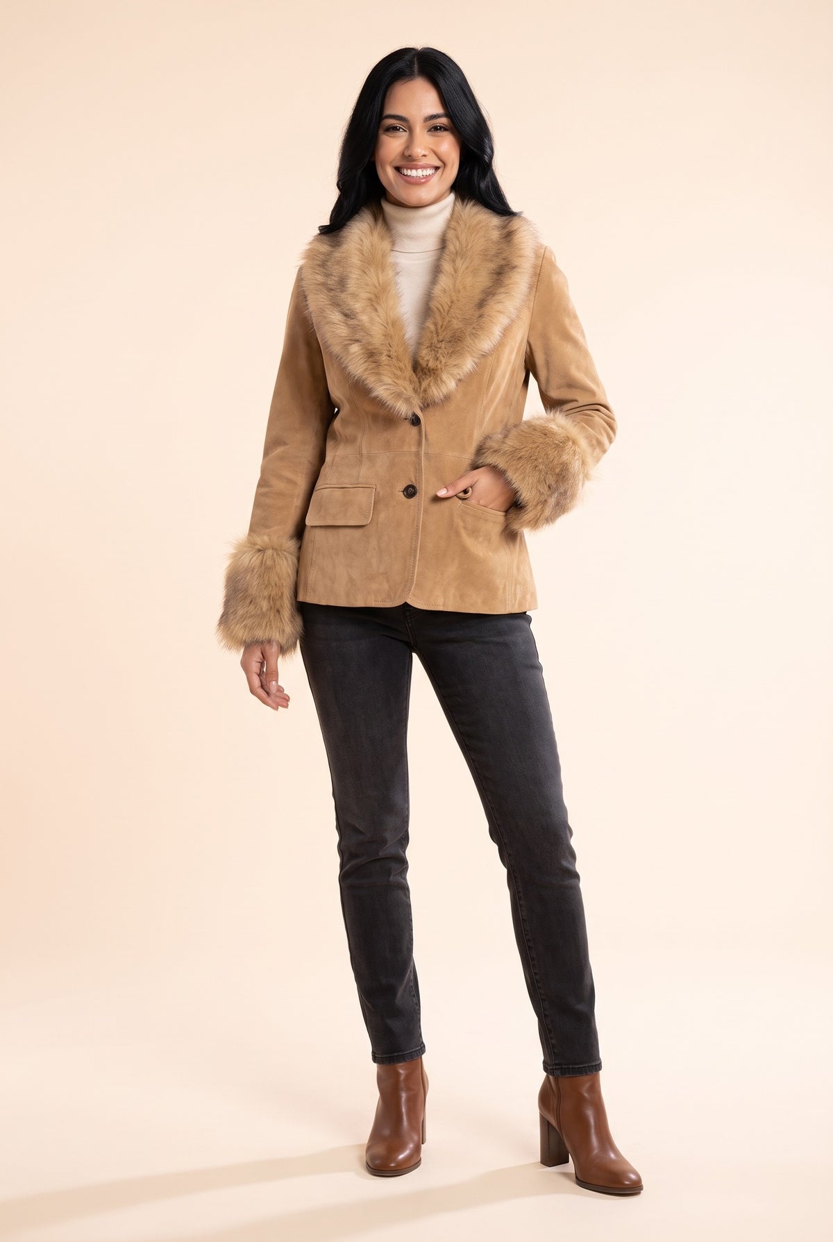 CLEMMIE Faux Fur Trim Suedette Jacket in khaki, front