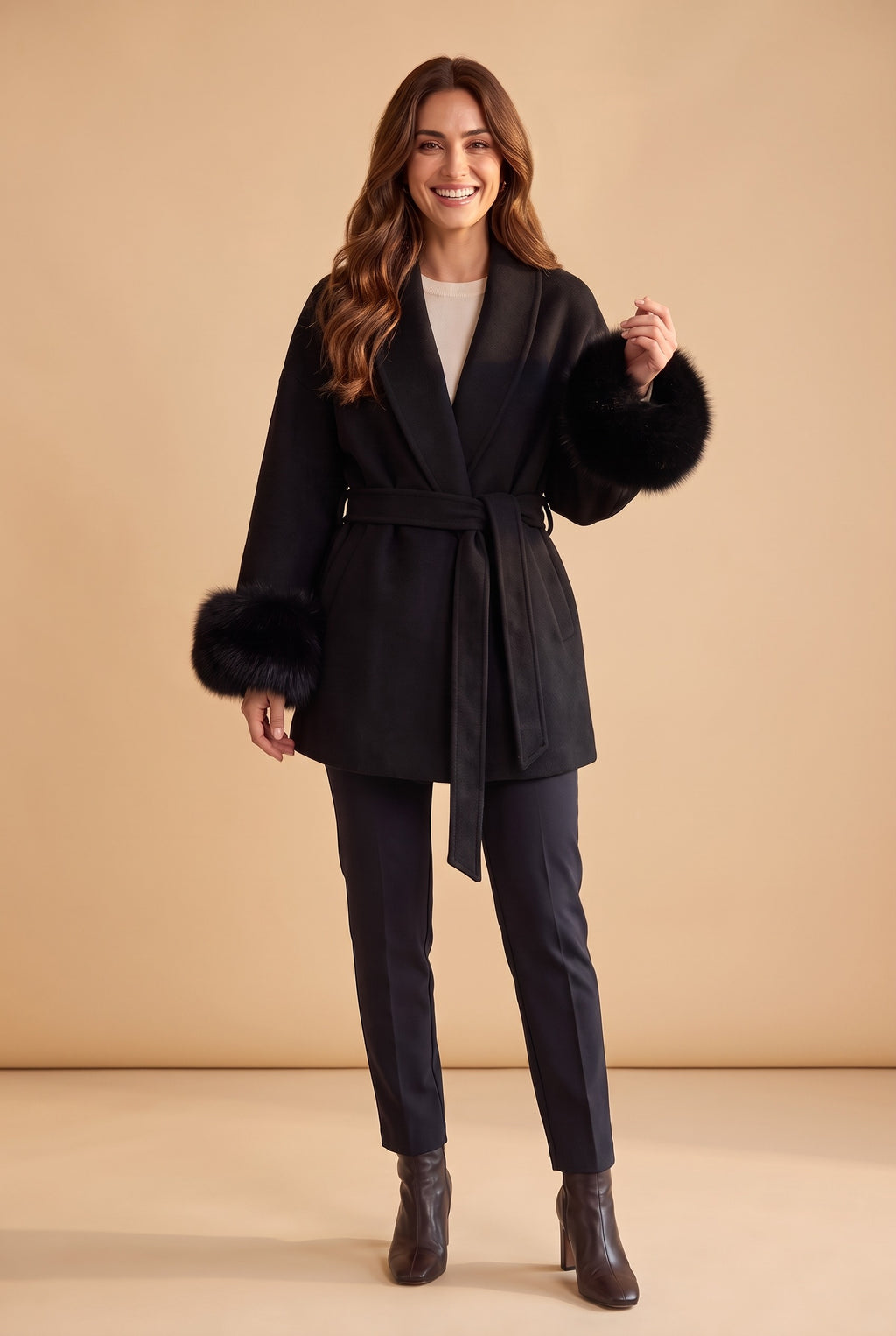 CORDELIA Faux Fur Trim Belted Wrap Coat in black, front