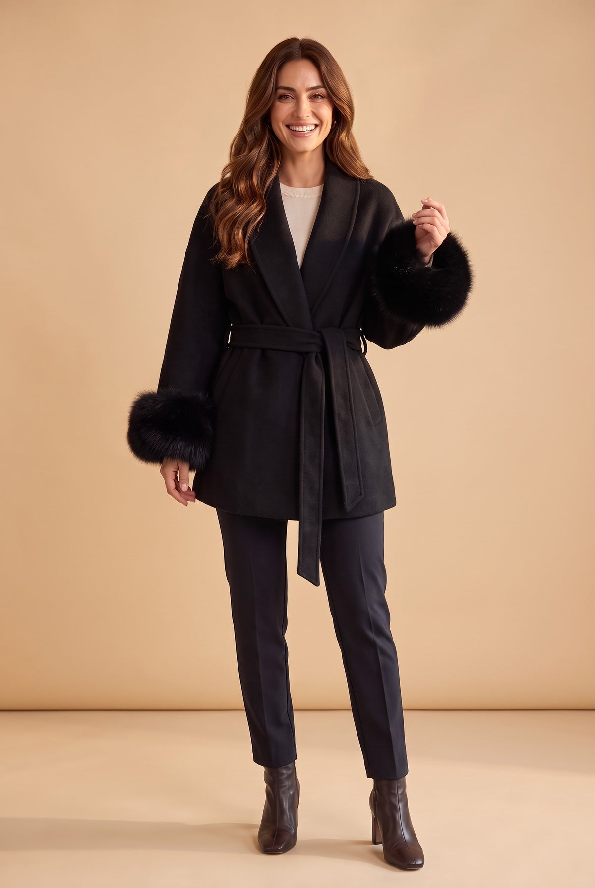 CORDELIA Faux Fur Trim Belted Wrap Coat in black, front