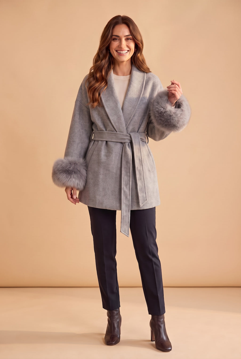 CORDELIA Faux Fur Trim Belted Wrap Coat in grey, front