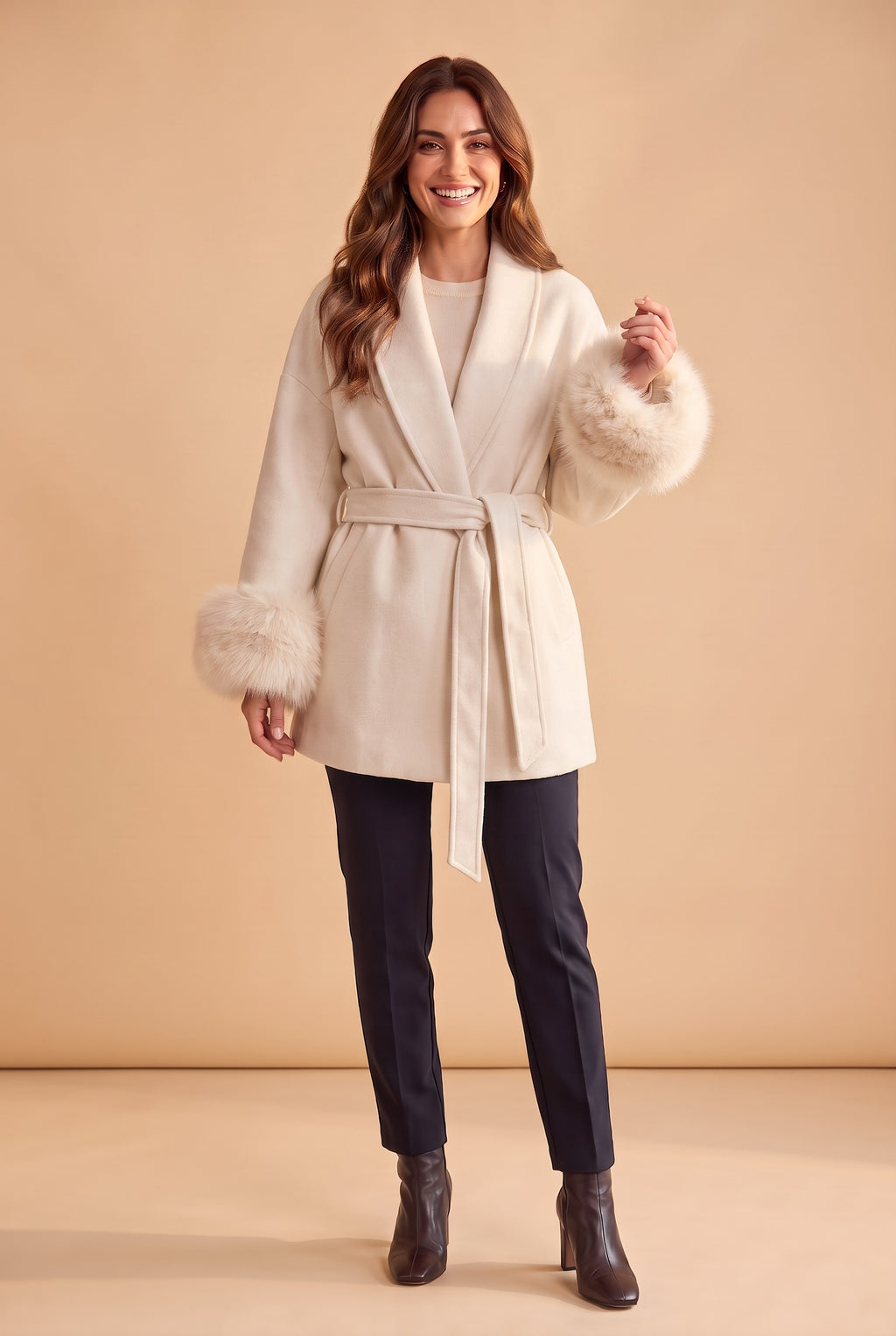 CORDELIA Faux Fur Trim Belted Wrap Coat in white, front