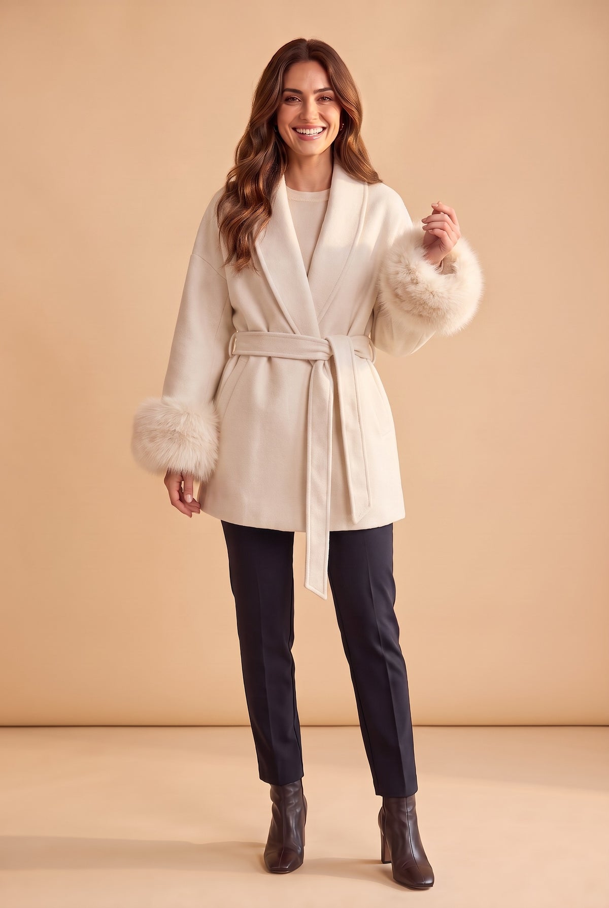 CORDELIA Faux Fur Trim Belted Wrap Coat in white, front