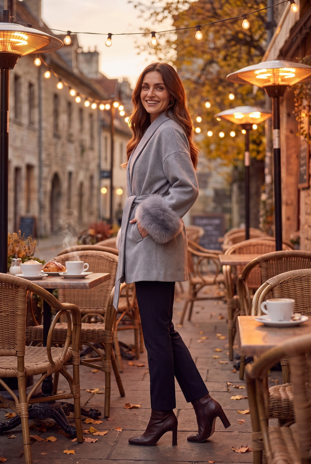 CORDELIA Faux Fur Trim Belted Wrap Coat, lifestyle
