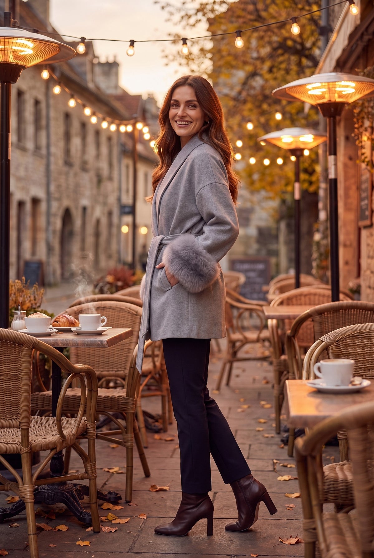 CORDELIA Faux Fur Trim Belted Wrap Coat, lifestyle