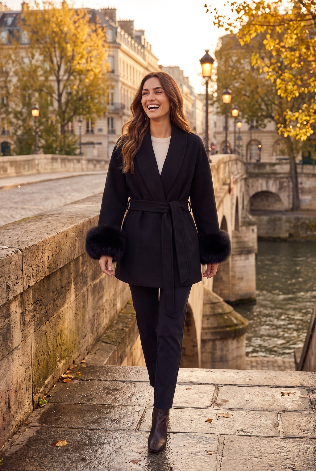 CORDELIA Faux Fur Trim Belted Wrap Coat, lifestyle