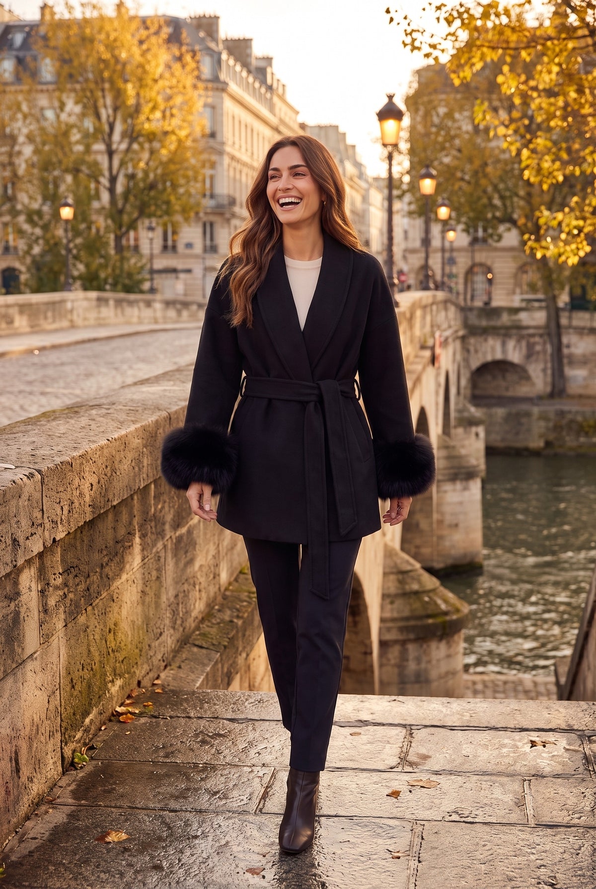CORDELIA Faux Fur Trim Belted Wrap Coat, lifestyle