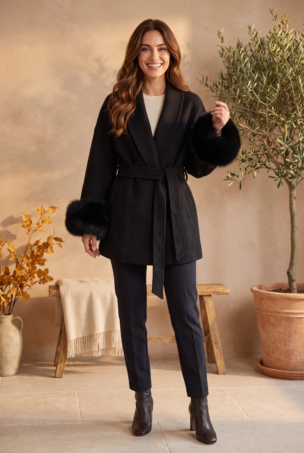 CORDELIA Faux Fur Trim Belted Wrap Coat, lifestyle