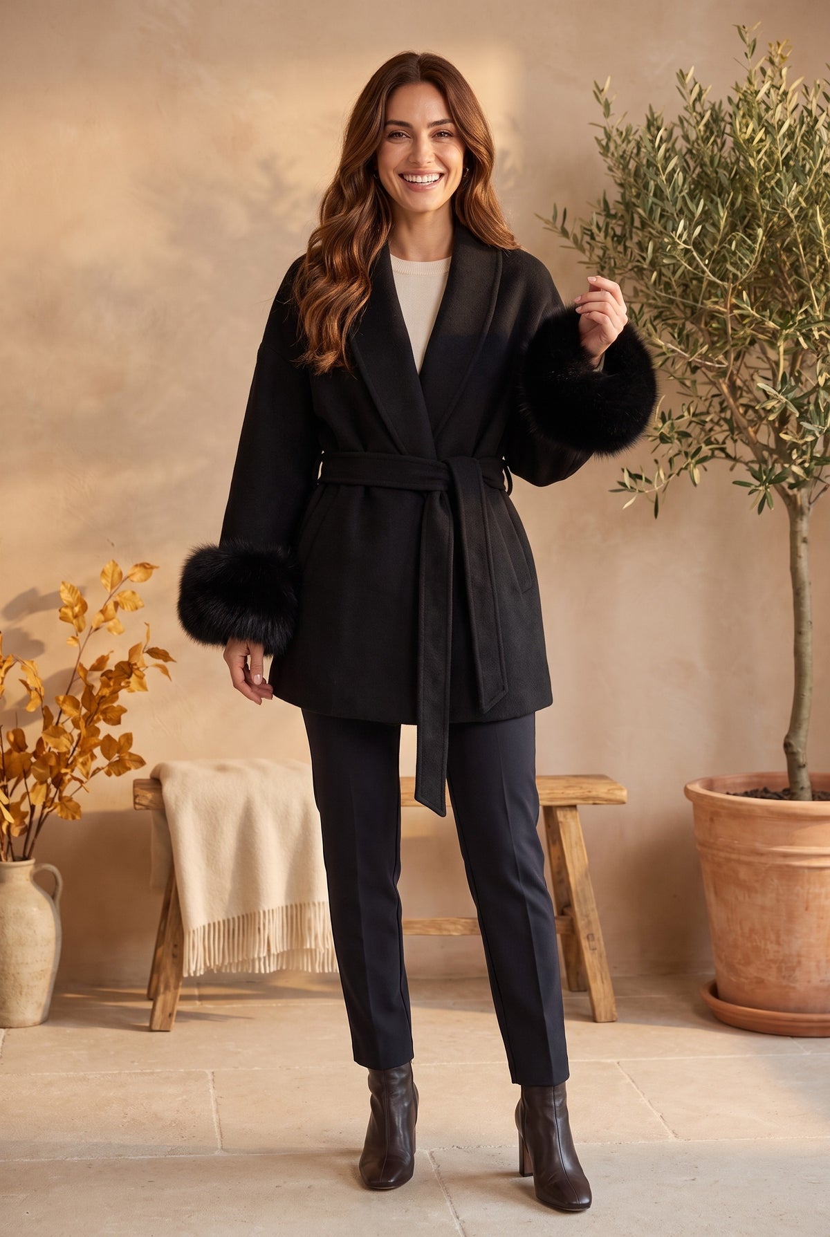CORDELIA Faux Fur Trim Belted Wrap Coat, lifestyle