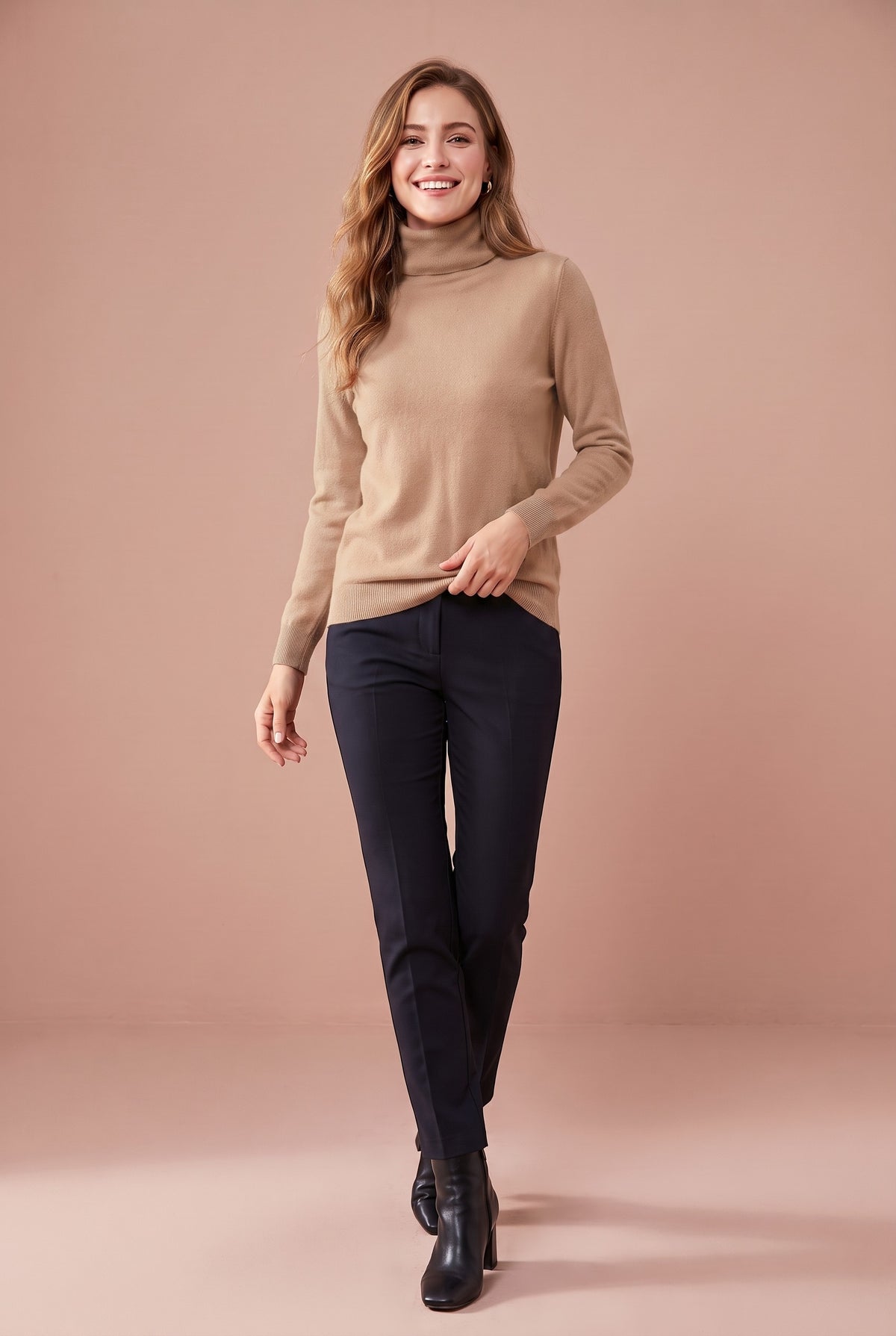 DAHLIA Merino Wool Mock Neck Jumper in beige, front