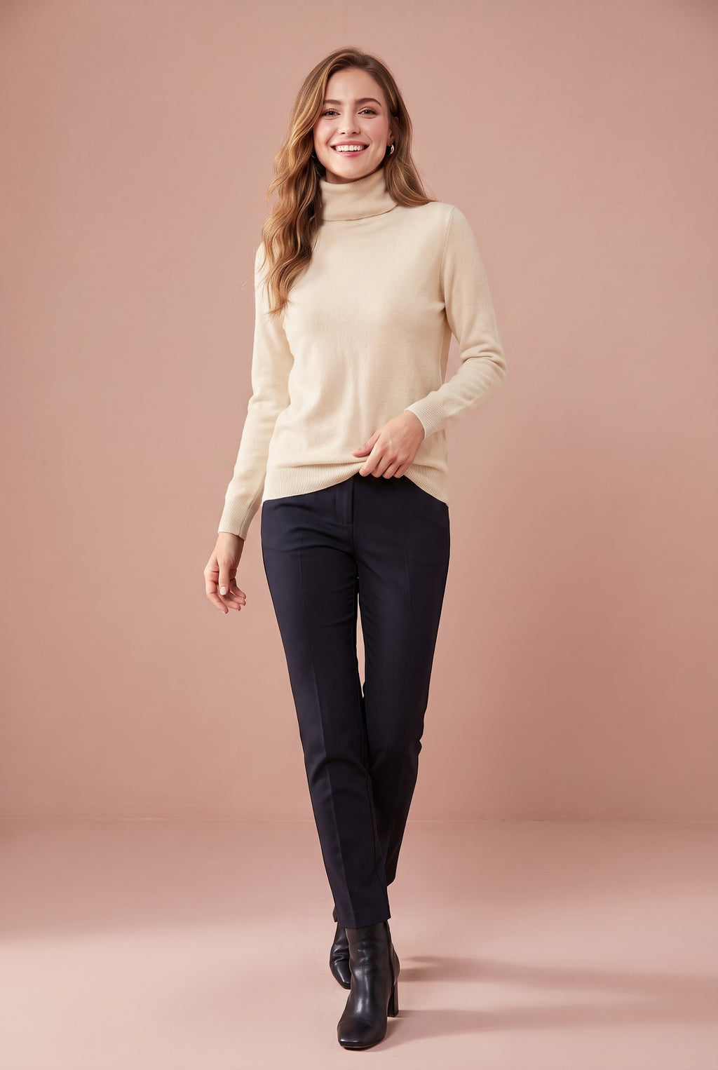 DAHLIA Merino Wool Mock Neck Jumper in cream, front