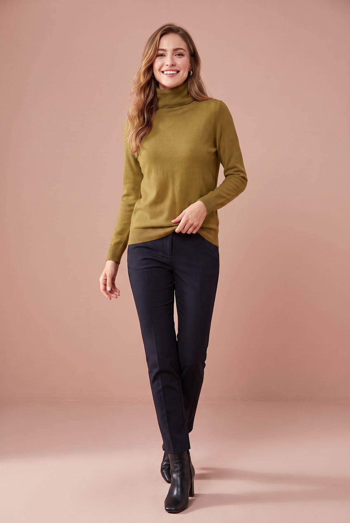 DAHLIA Merino Wool Mock Neck Jumper in moss green, front