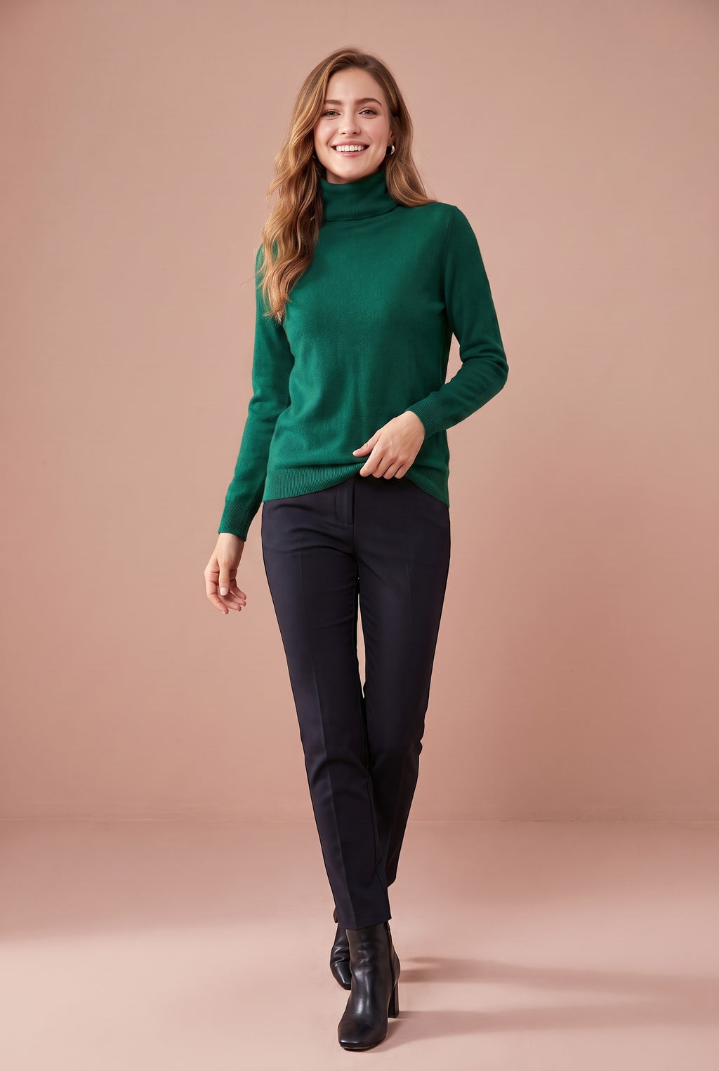 DAHLIA Merino Wool Mock Neck Jumper in emerald green, front