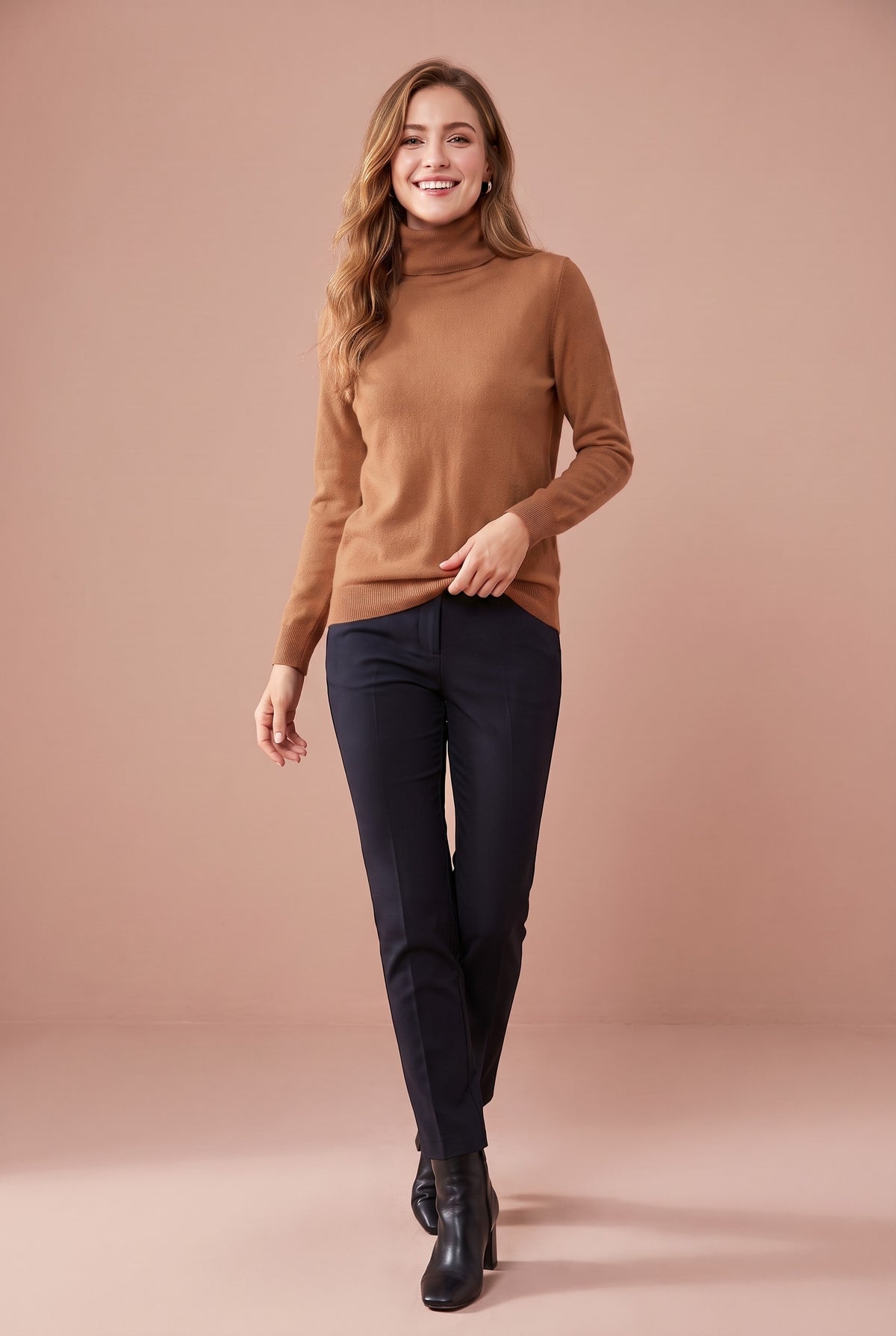 DAHLIA Merino Wool Mock Neck Jumper in camel, front