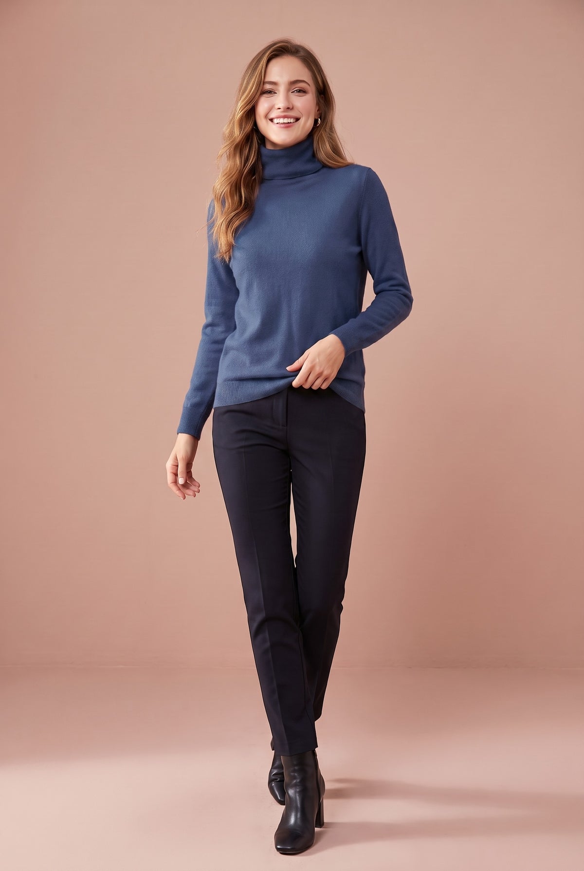 DAHLIA Merino Wool Mock Neck Jumper in airforce blue, front