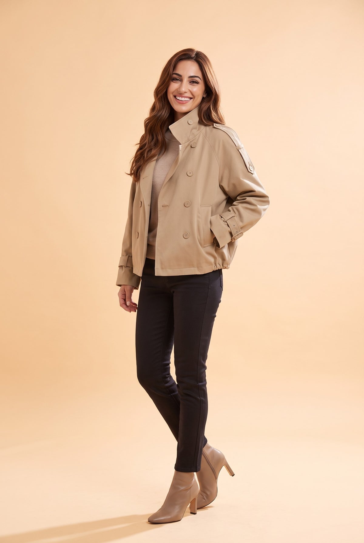DAKOTA Cropped Belted Trench Jacket in beige, front