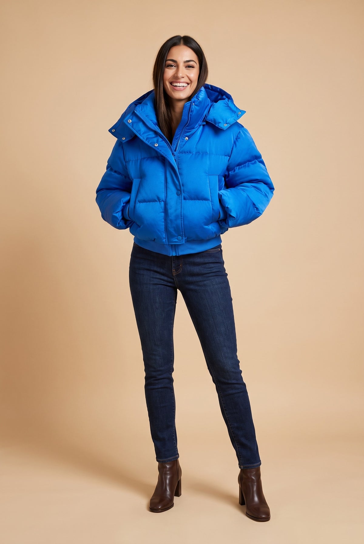 DANU Hooded Cropped Puffer Jacket in blue, front