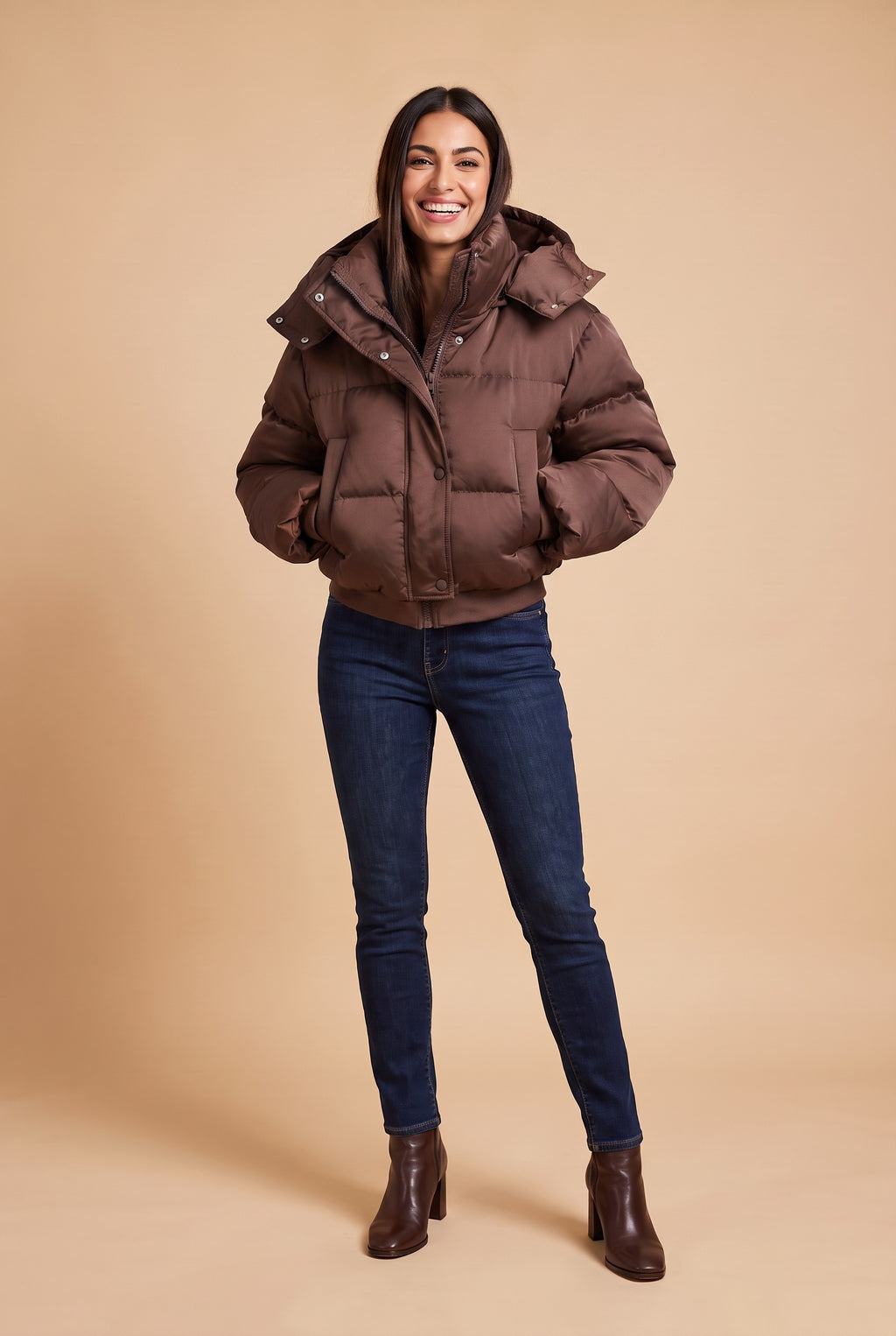 DANU Hooded Cropped Puffer Jacket in brown, front