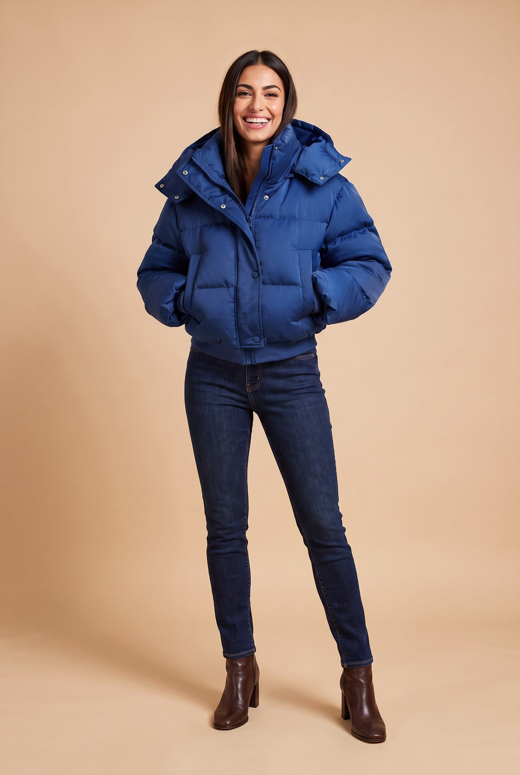 DANU Hooded Cropped Puffer Jacket in navy, front