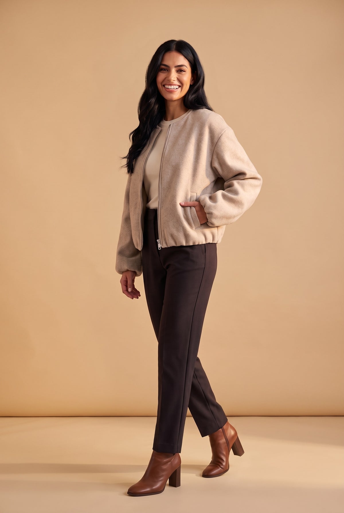 DARCY Fluffy Collarless Cropped Bomber Jacket in khaki, front