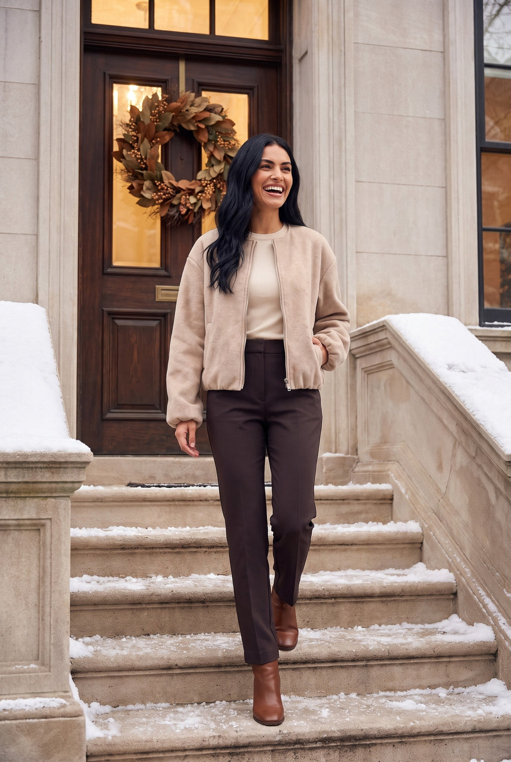 DARCY Fluffy Collarless Cropped Bomber Jacket, lifestyle