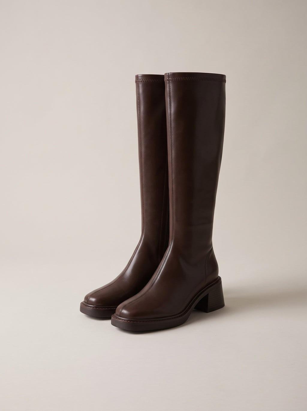 DOMINIQUE Block Heel Knee High Boots in brown, front