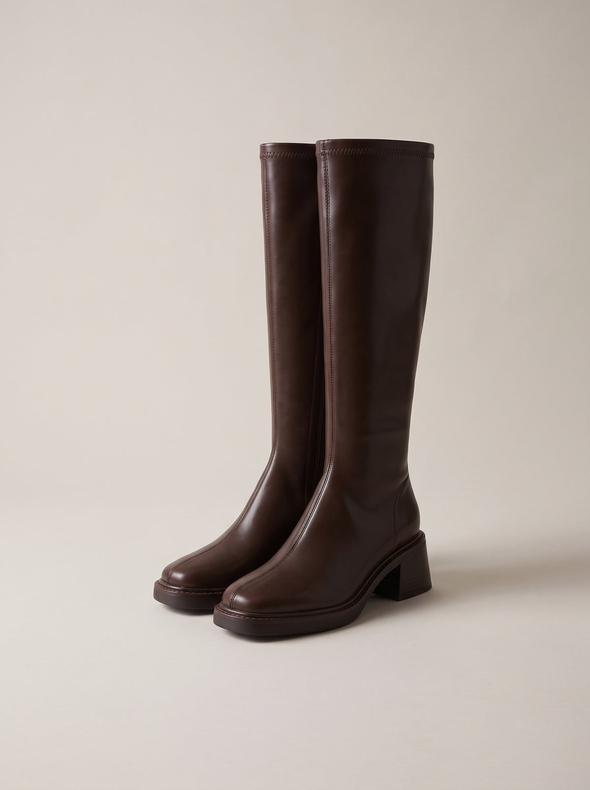 DOMINIQUE Block Heel Knee High Boots in brown, front