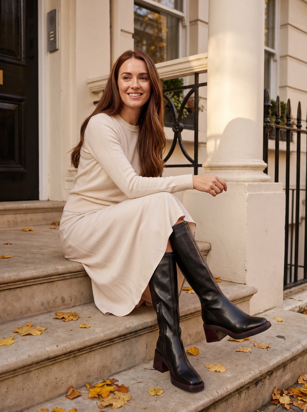 DOMINIQUE Block Heel Knee High Boots in black, worn full length