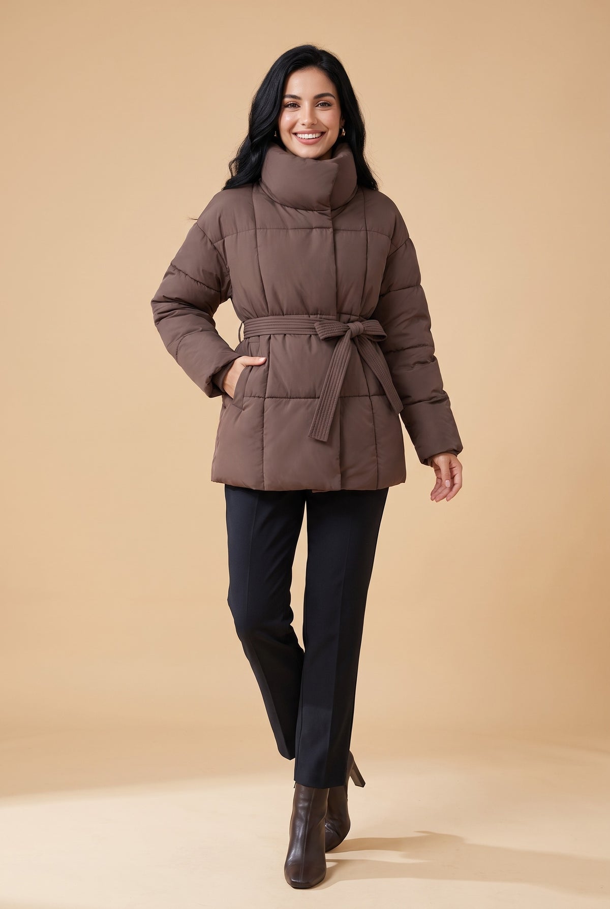 EIRA Belted Funnel Neck Puffer Coat in brown, front