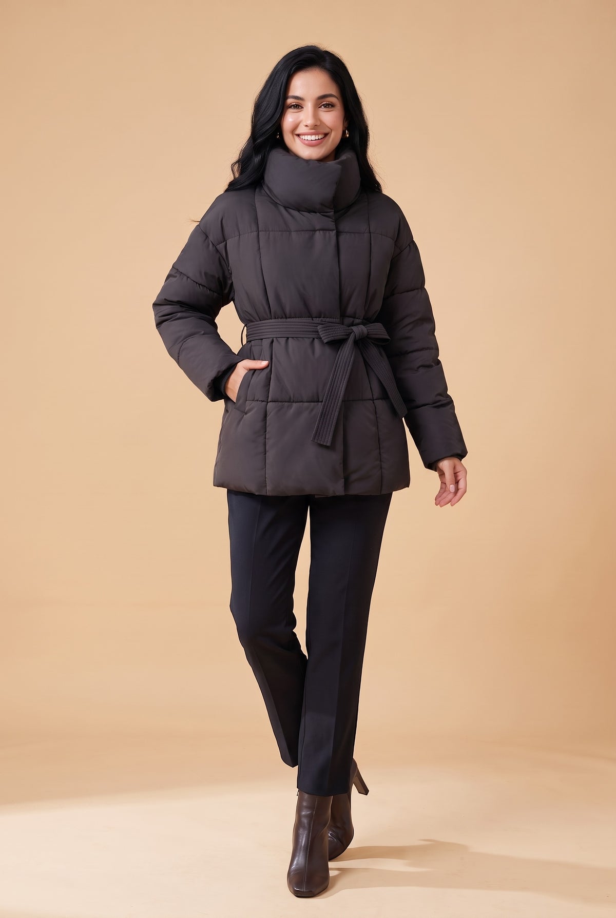 EIRA Belted Funnel Neck Puffer Coat in black, front