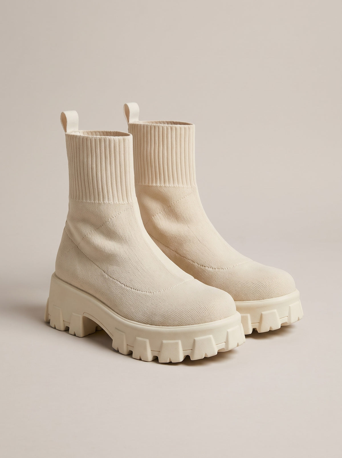 ELIANA Chunky Stretch Knit Ankle Boots in beige, front