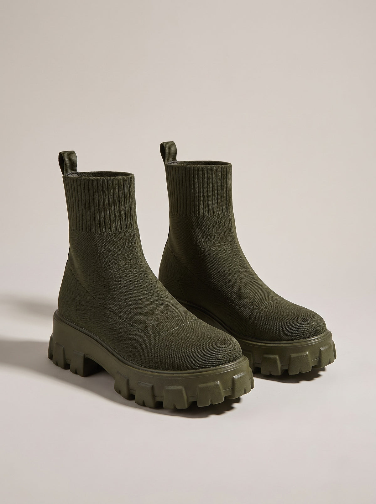 ELIANA Chunky Stretch Knit Ankle Boots in green, front