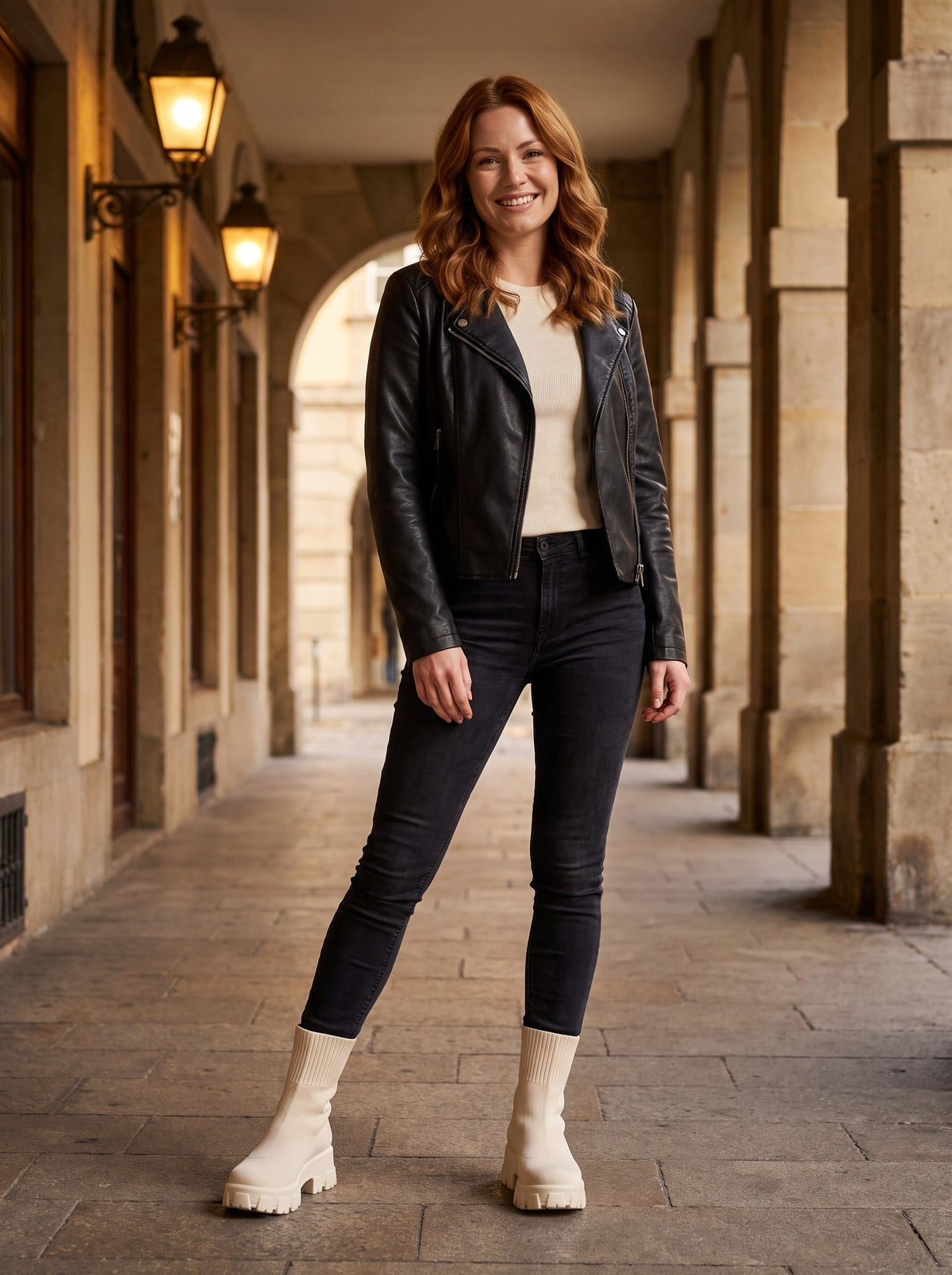 ELIANA Chunky Stretch Knit Ankle Boots, worn full length