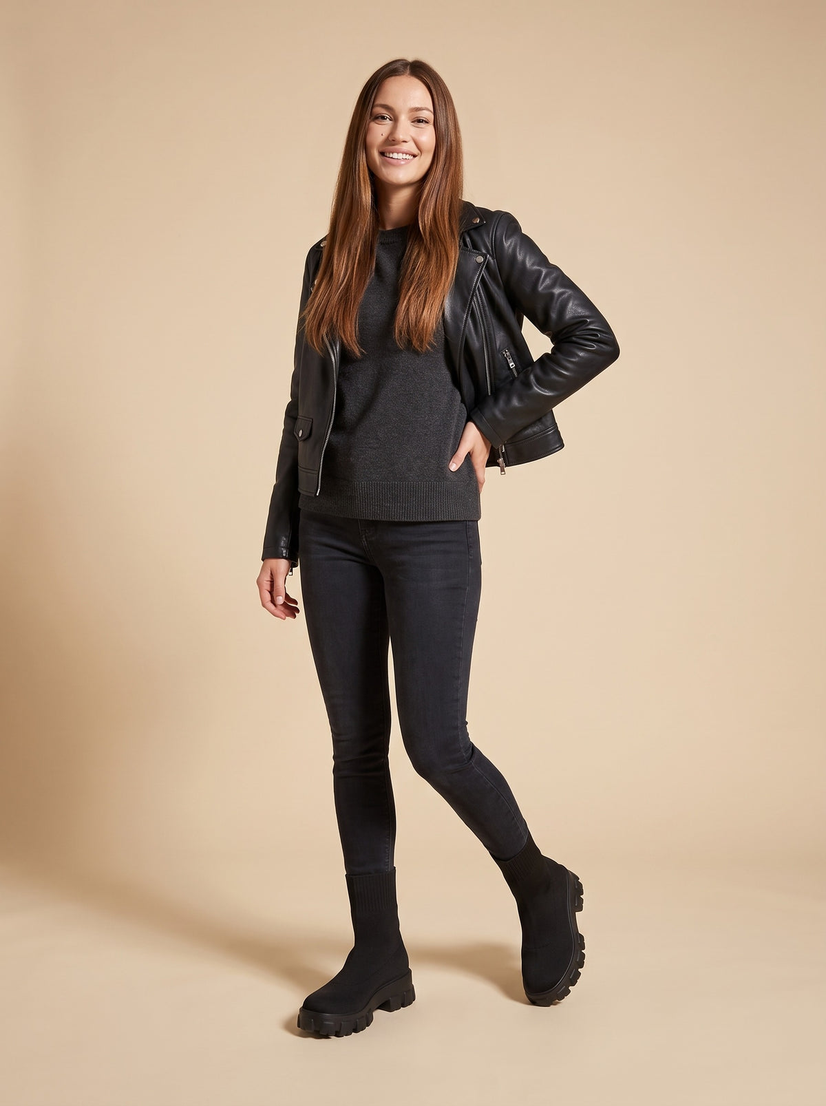 ELIANA Chunky Stretch Knit Ankle Boots, worn full length