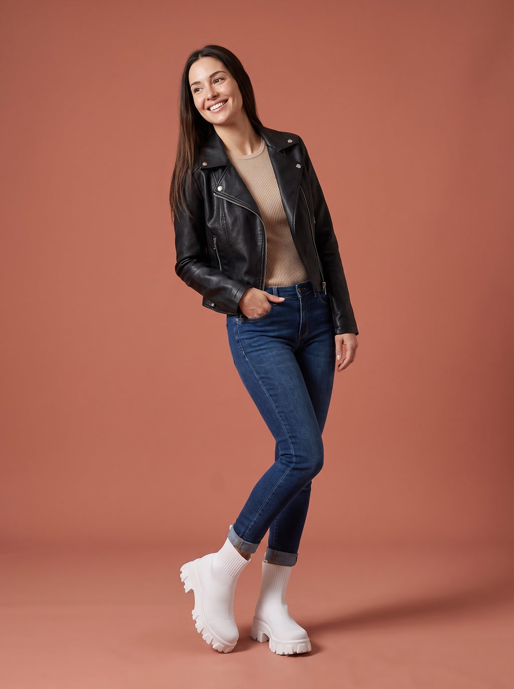 ELIANA Chunky Stretch Knit Ankle Boots, worn full length