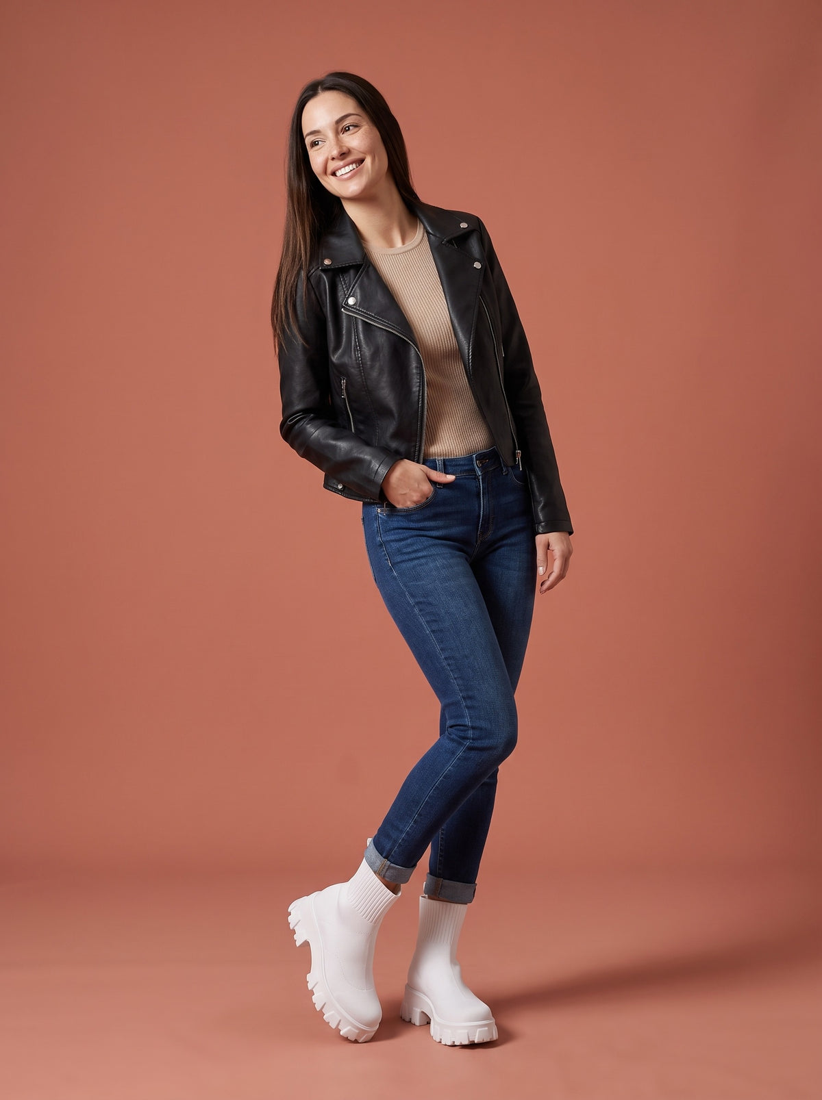 ELIANA Chunky Stretch Knit Ankle Boots, worn full length