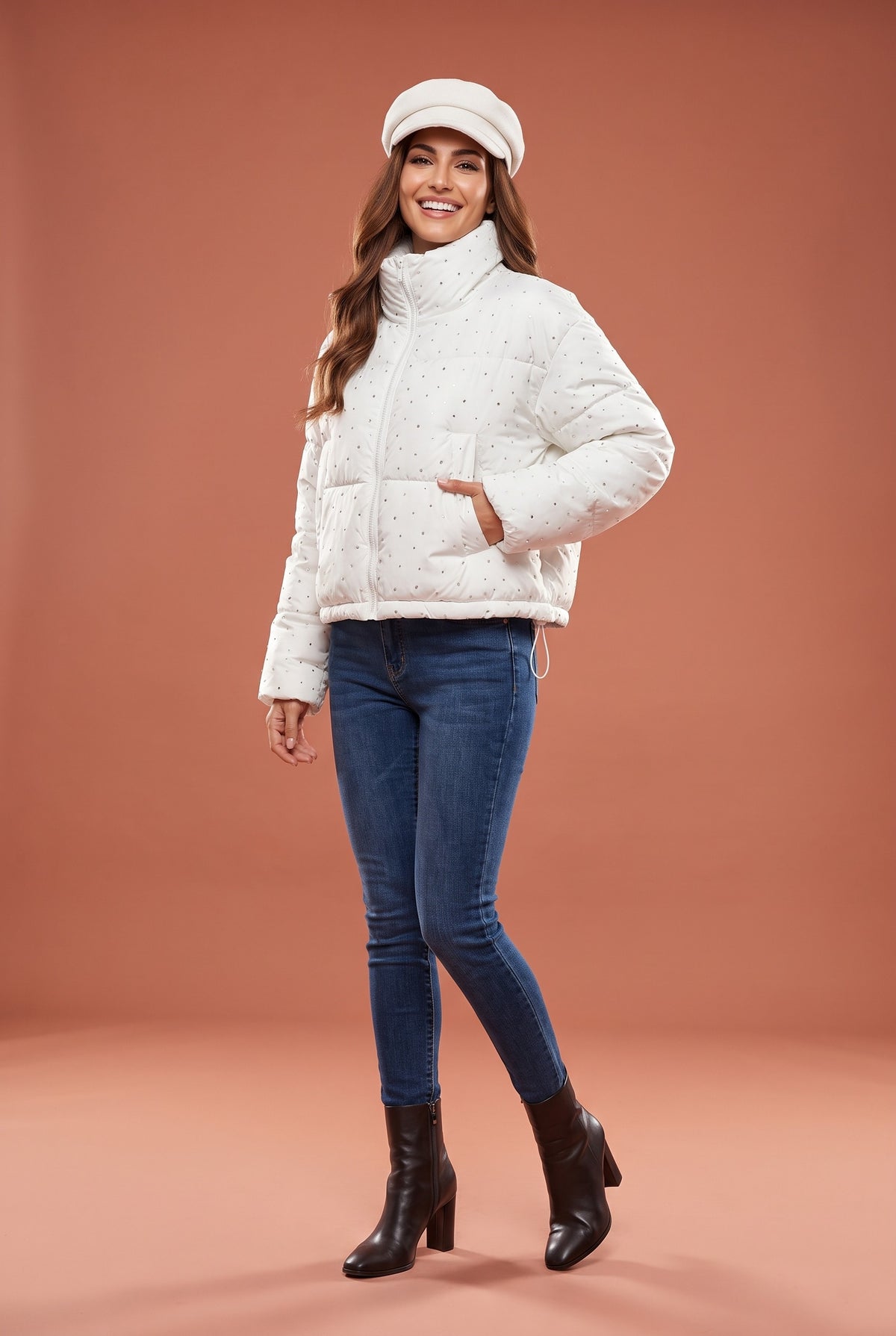 ELIN Embellished Cropped Puffer Jacket in white, front