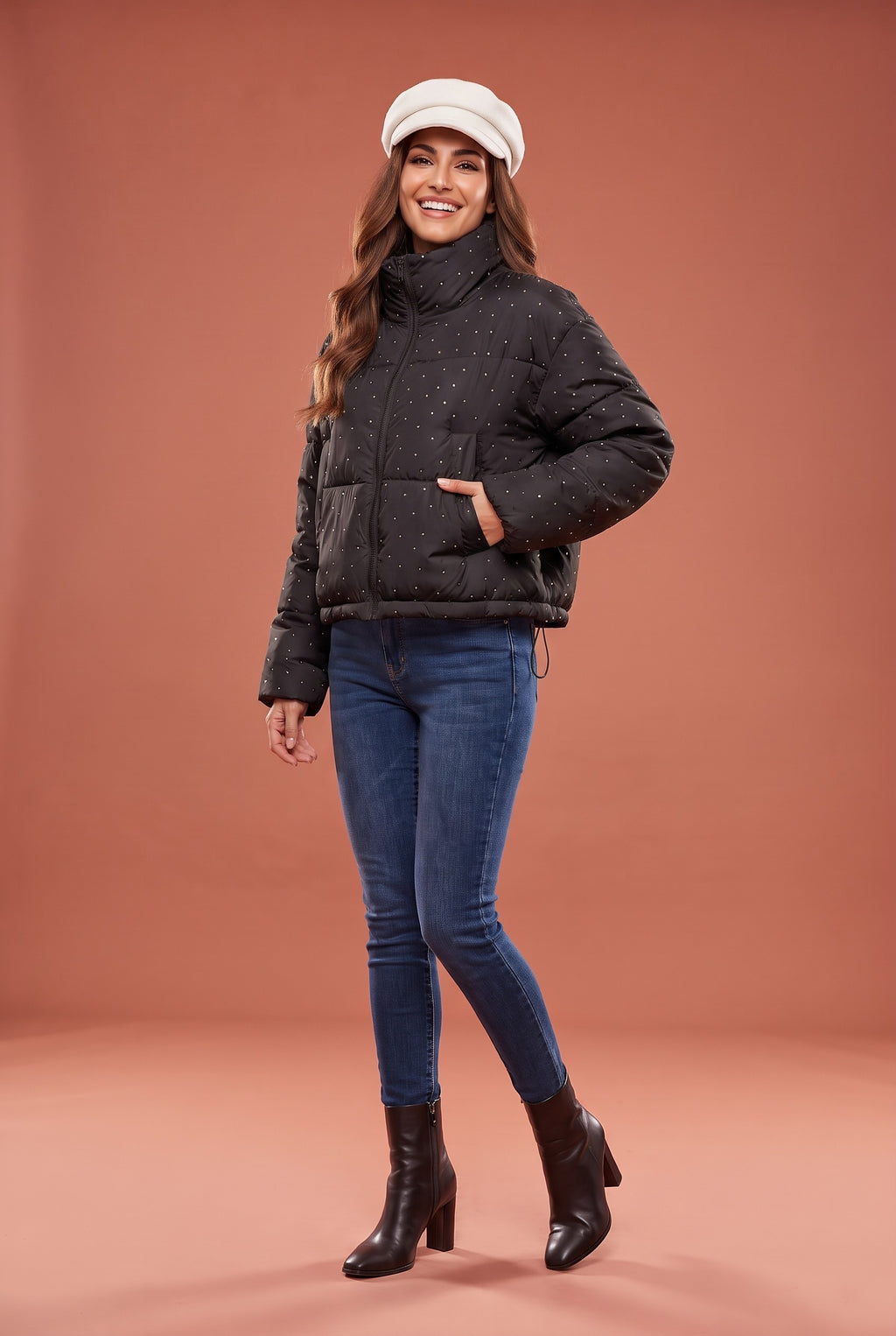 ELIN Embellished Cropped Puffer Jacket in black, front
