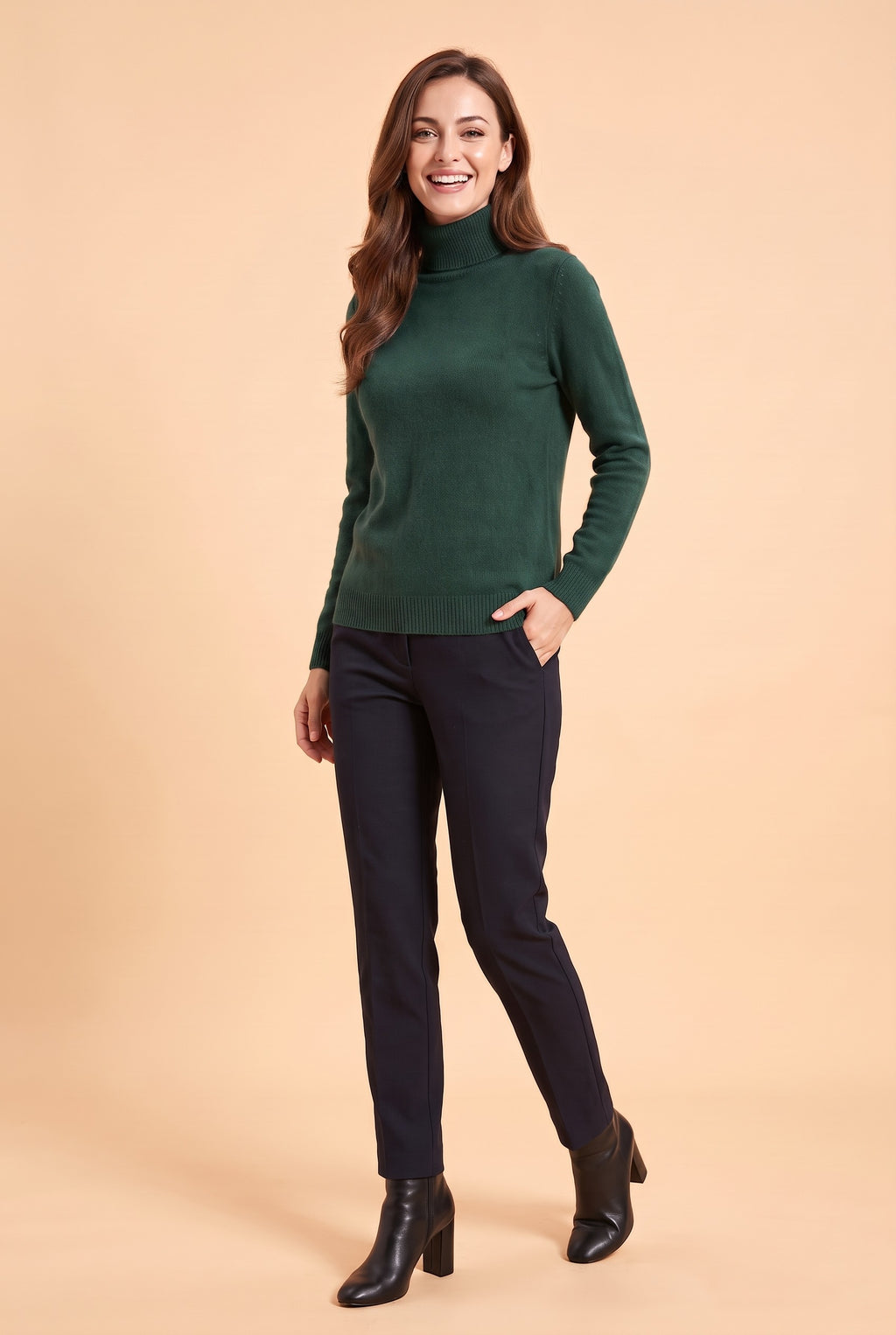 ELIZA Fluffy Knit Roll Neck Jumper in dark green, front