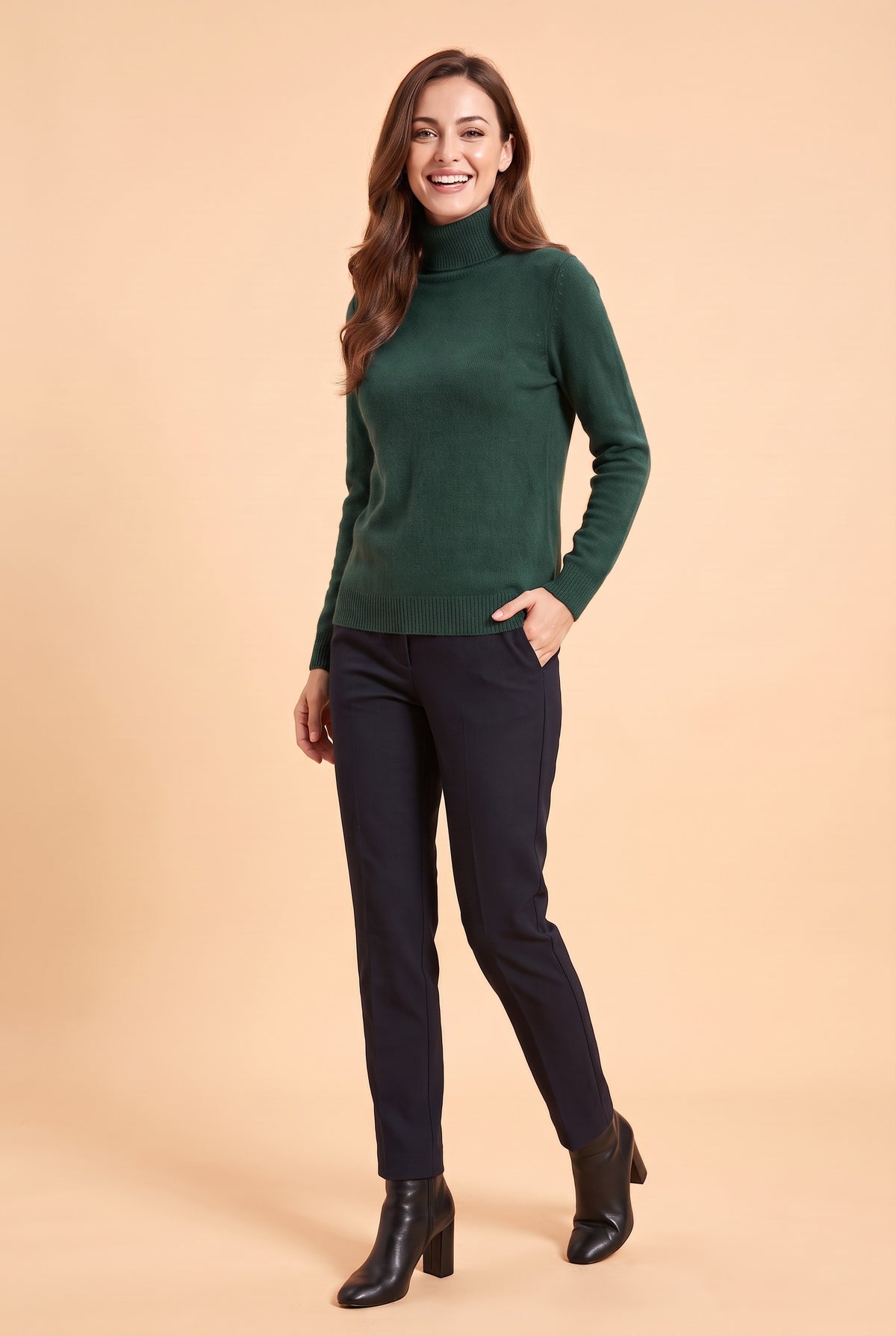 ELIZA Fluffy Knit Roll Neck Jumper in dark green, front
