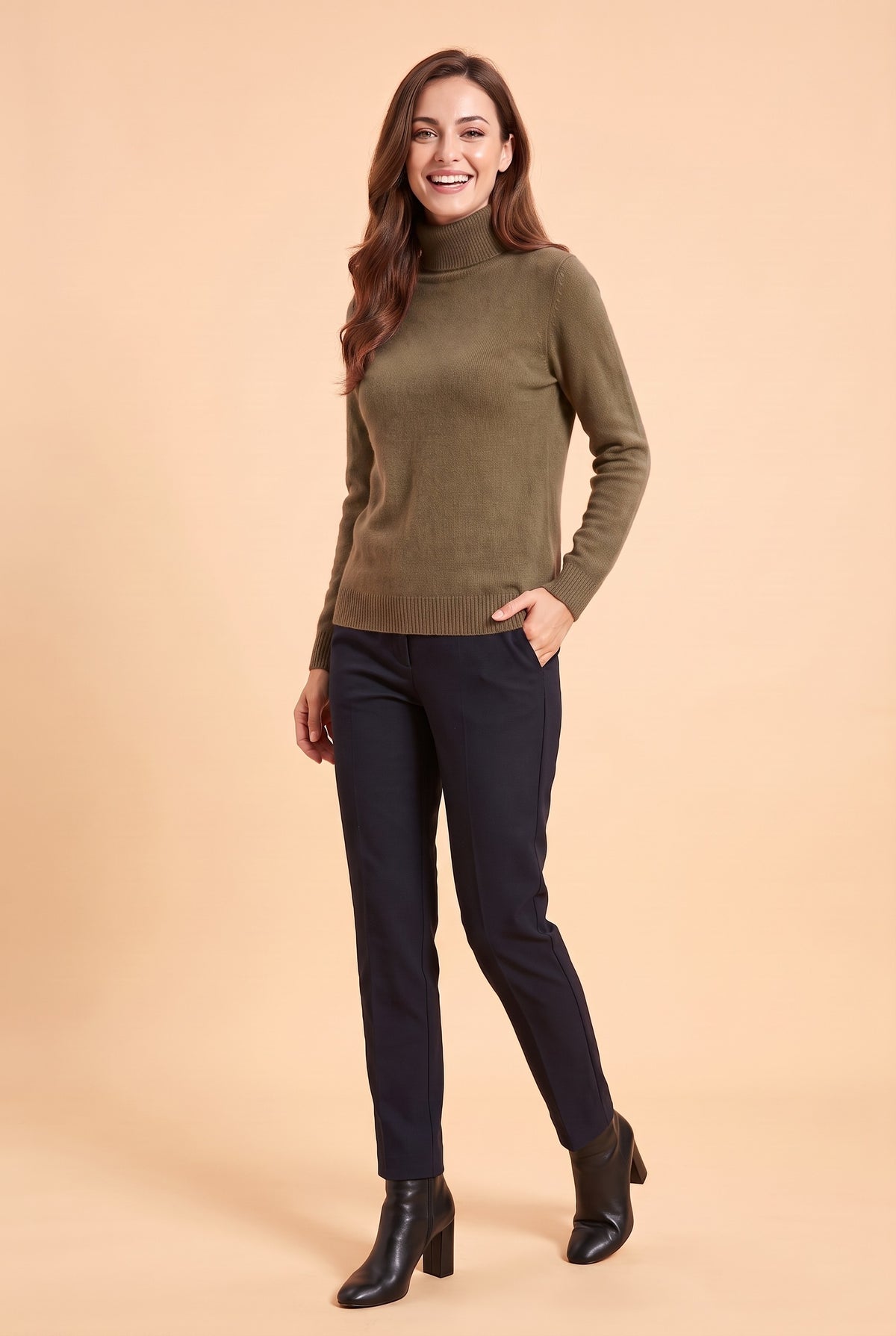 ELIZA Fluffy Knit Roll Neck Jumper in khaki, front