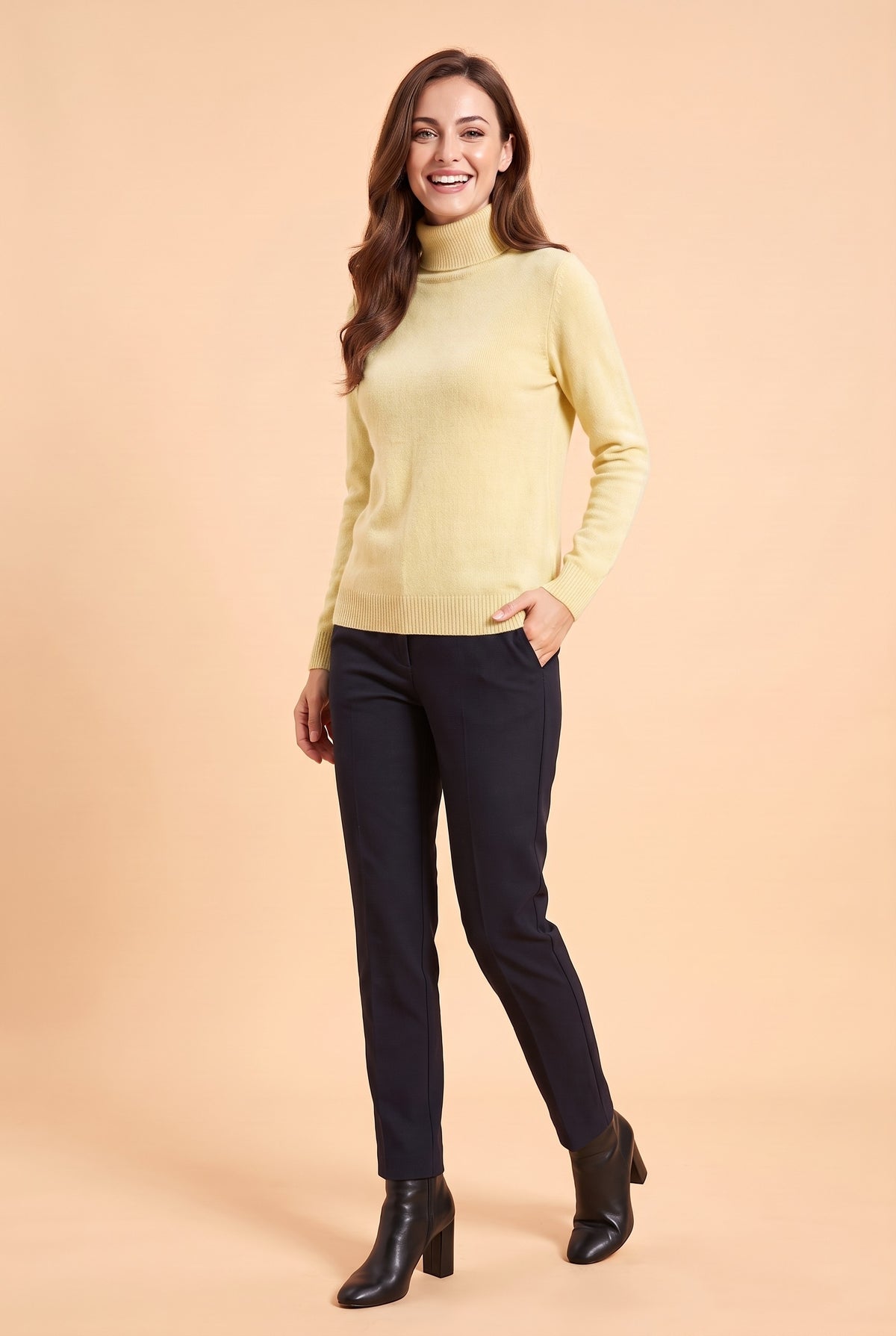 ELIZA Fluffy Knit Roll Neck Jumper in yellow, front